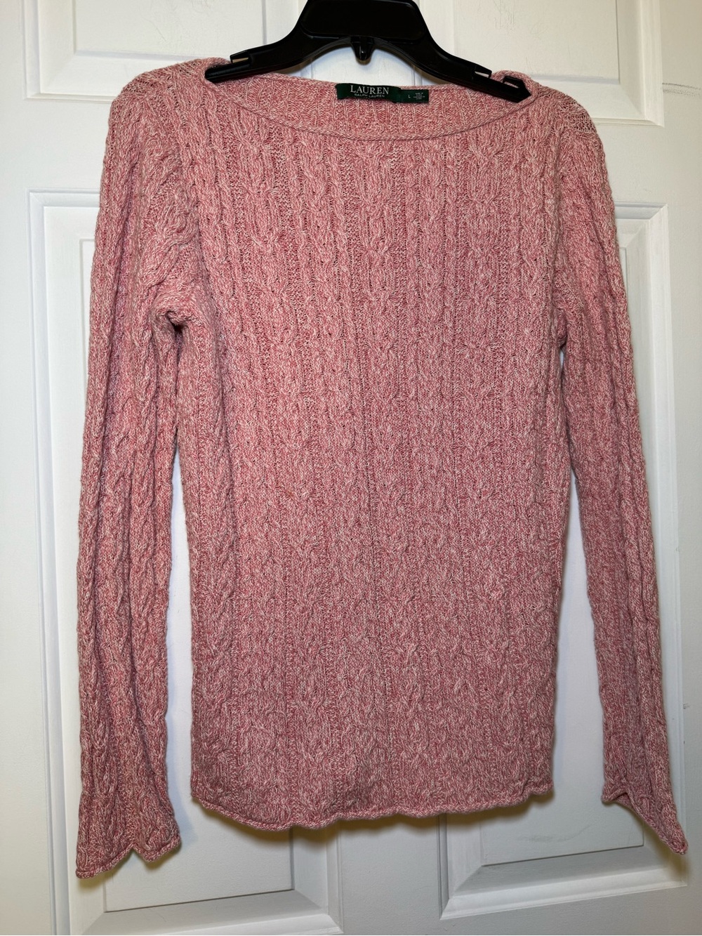 Lauren Ralph Lauren Rose Pink Heather Cable Knit Sweater Boat Neck LARGE Preppy